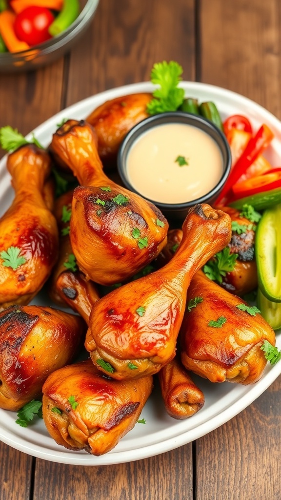 A platter of crispy oven-baked chicken drumsticks garnished with herbs on a rustic wooden table.
